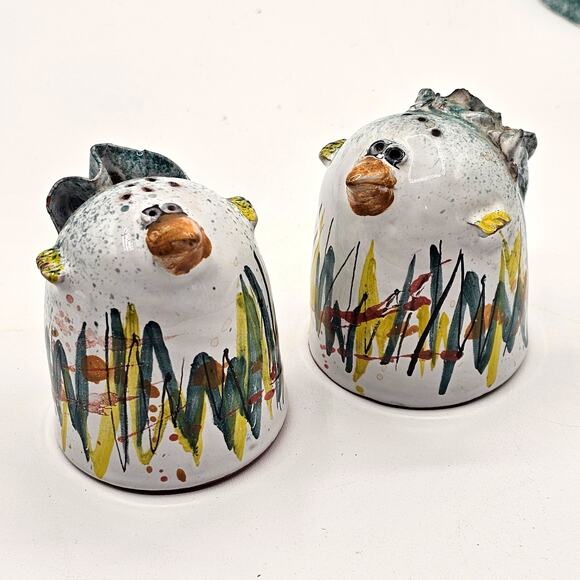 Whimsical Hand Painted Bird Salt & Pepper Shakers & Caddy Pottery Kitchen Decor - Picture 2 of 10